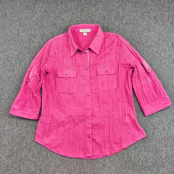 Coldwater Creek Boho Crinkle Button Up Shirt M Pink Damask Roll Tab Sleeve Top — photo 2